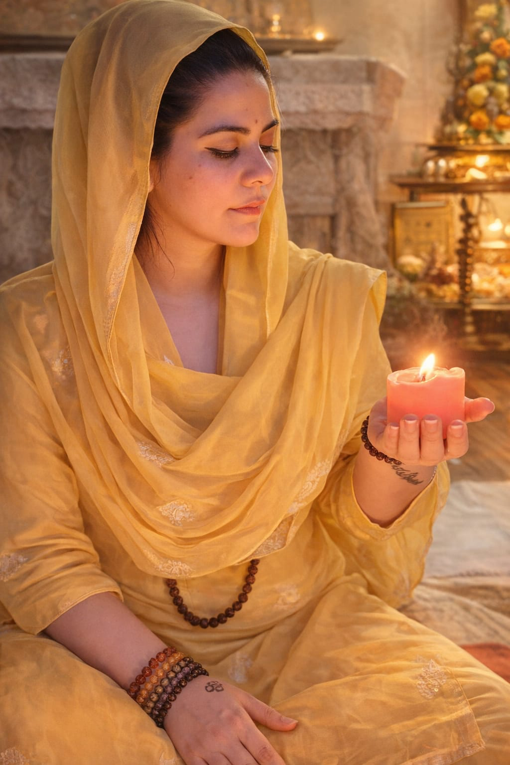 Healer Bhairavi Sharma in meditative prayer, holding a lit candle in a warmly lit temple setting